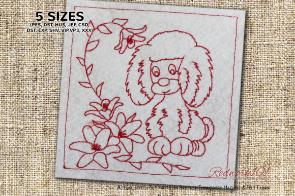 Charming Nice Puppy Looking at Flowers Redwork