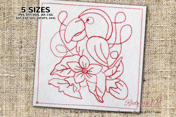 Charming Parrot with Flowers Redwork