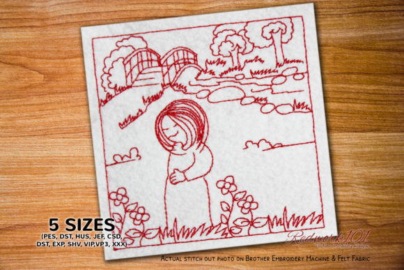 Girl Looking Flowers Redwork: A Charming Embroidery Design