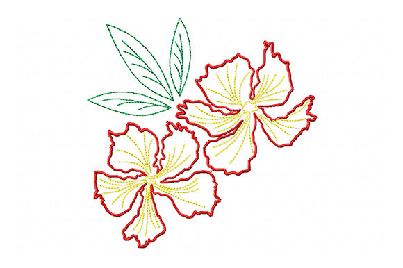 Two Red Flowers with Green Leaves Embroidery